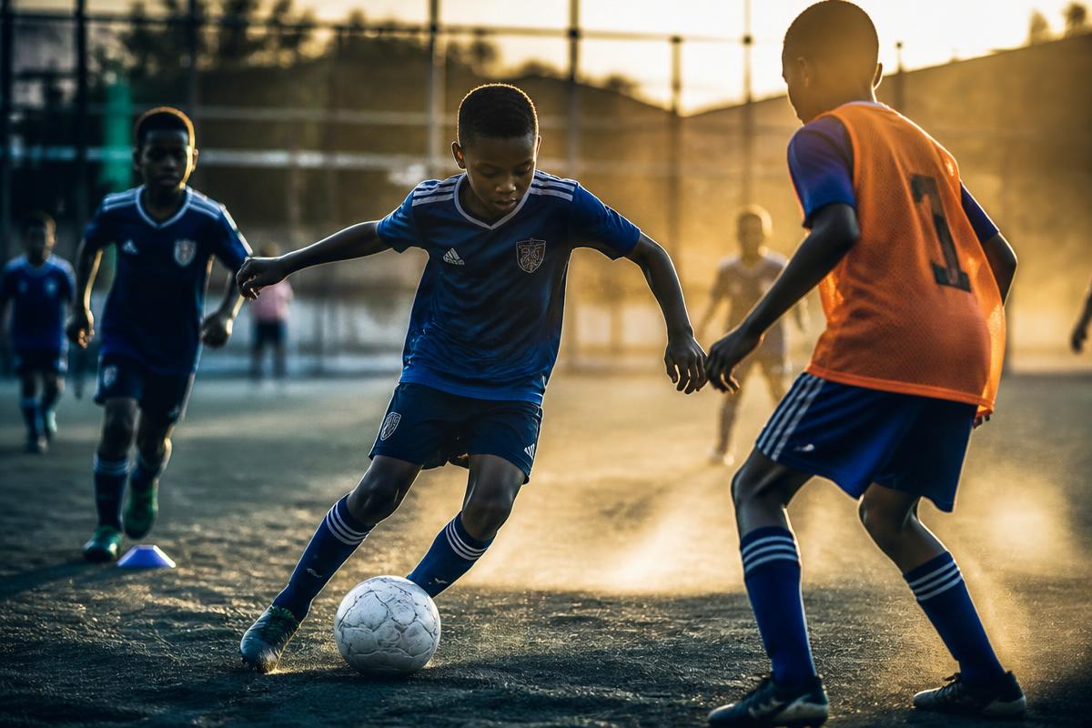 Jovens atletas treinando futebol no fim da tarde