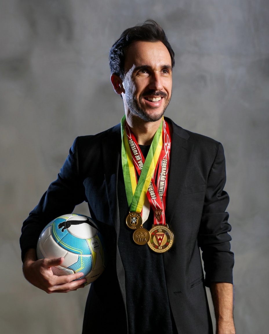 Thiago Ribeiro com medalhas e bola de futebol